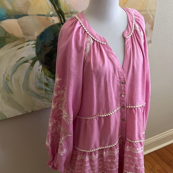 Hale Bob Pink Long Sleeve Linen Blend Dress embroidered Size XL - Picture 8 of 16